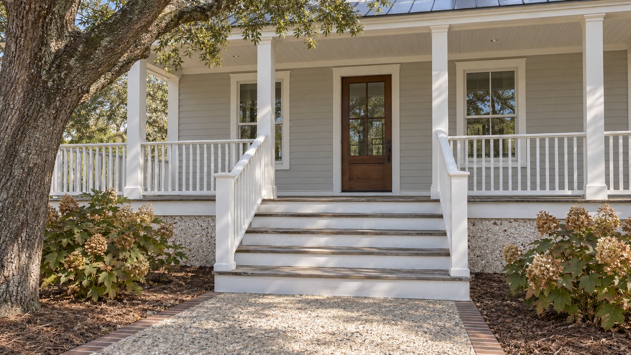 Light gray house with a broad white-railed porch, central steps, and dark wood entry door.