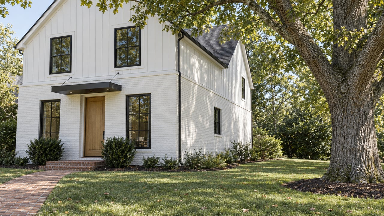 Renovated two-story white house with black-framed windows, a brick walk, and a mature oak in the lawn.