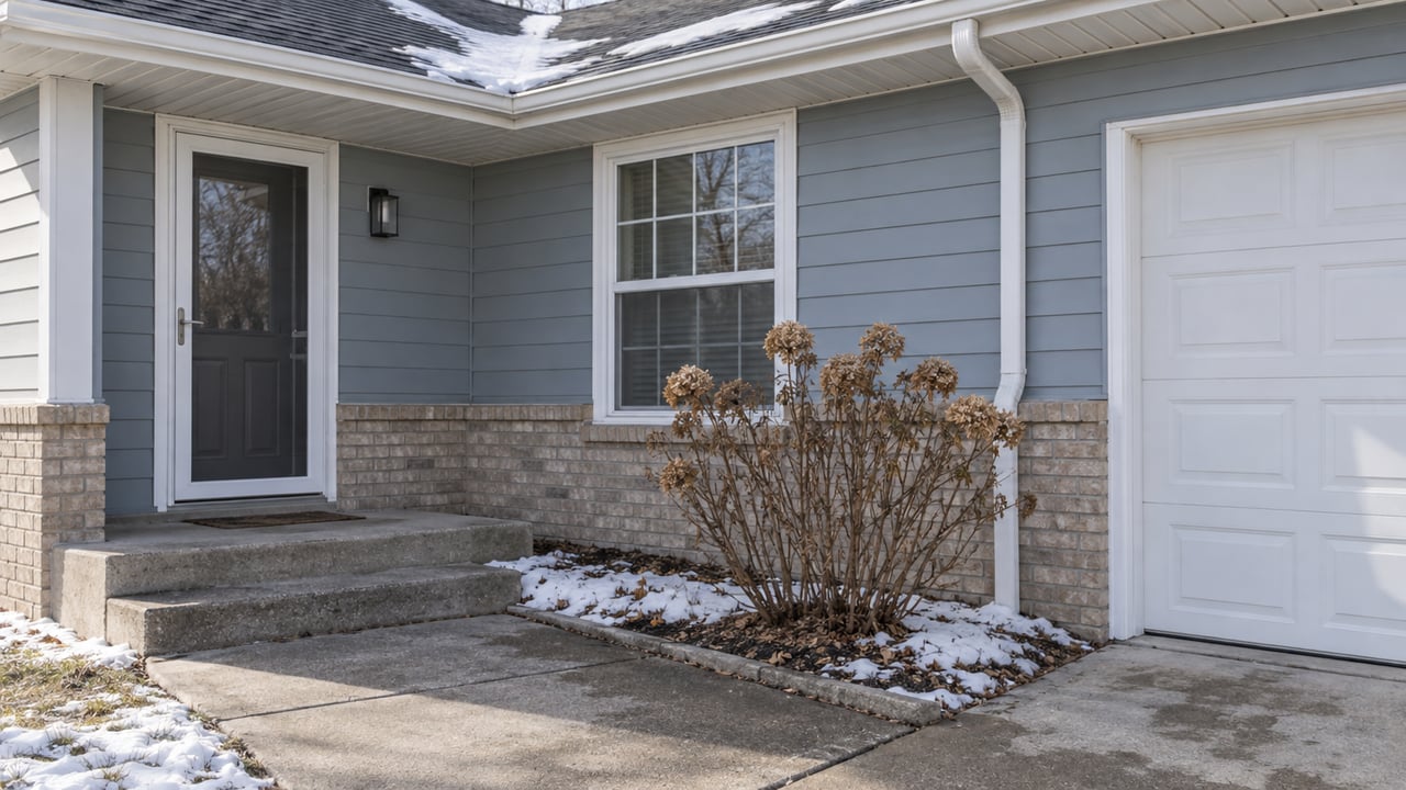 Blue-gray sided home with a sheltered front entry, buff brick base, and cleared concrete steps beside traces of winter snow.