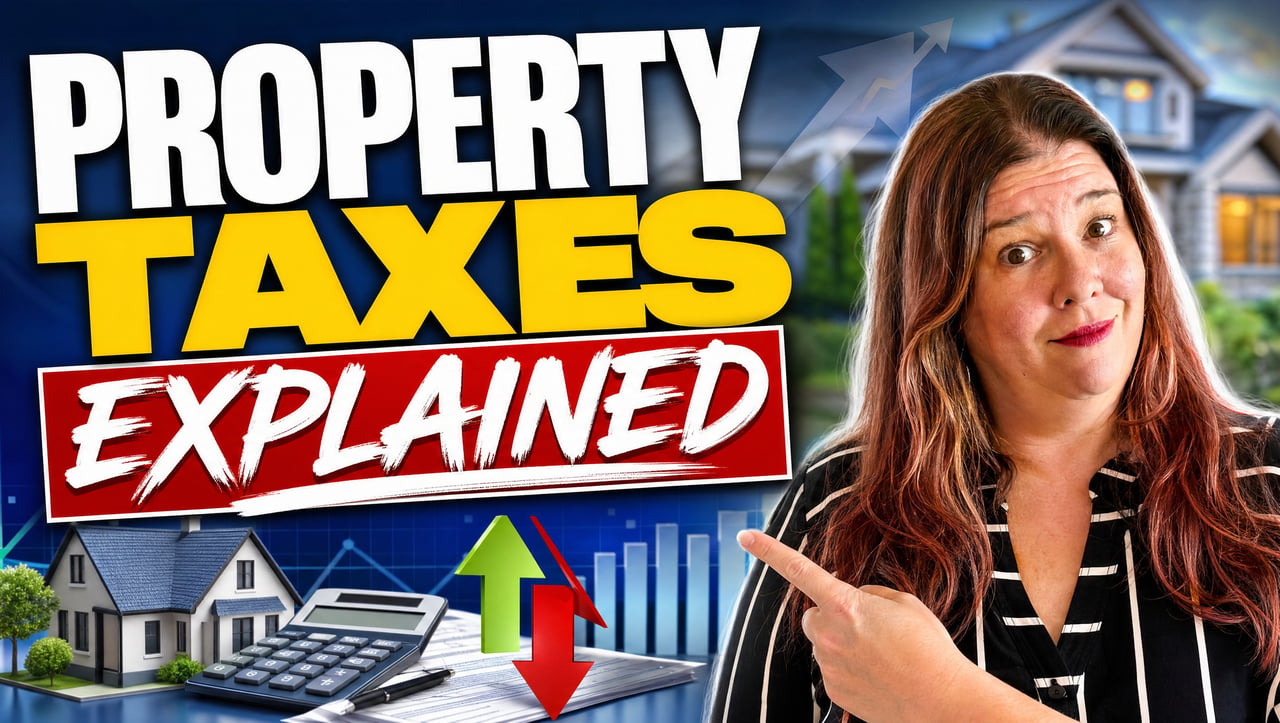 Florida property taxes explained: a woman points beside houses, a calculator, and chart graphics.