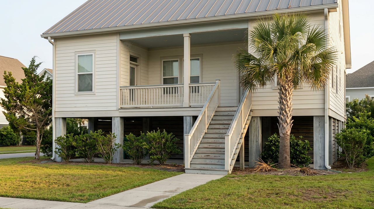 Raised white coastal cottage on weathered wood piers, with an exterior stair, lawn, and palmetto.