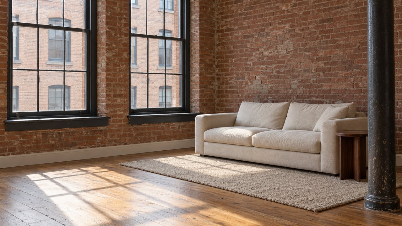 Morning light through two tall steel-framed windows falls across oak flooring beside a cream sofa and warm brick walls in a loft living room.