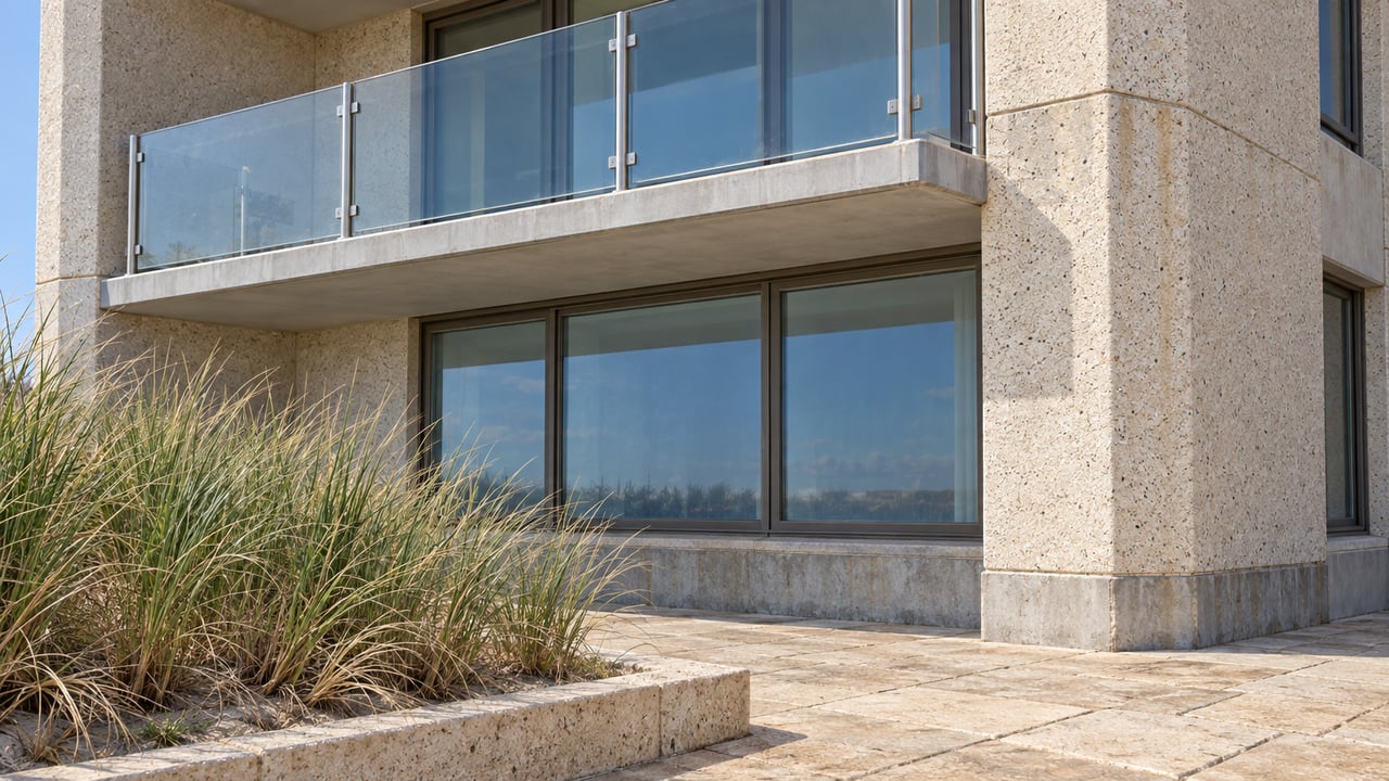 Close exterior of an established condominium with exposed-aggregate concrete, bronze-framed windows, a glass balcony, and beach grass beside a limestone approach.