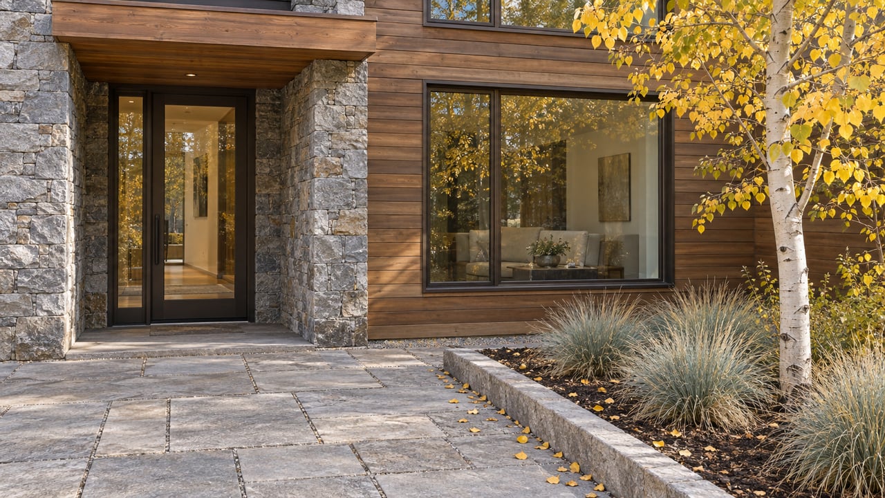 Autumn aspen beside a stone-paved entry court, with cedar siding, quartzite piers and closed bronze-framed glazing.
