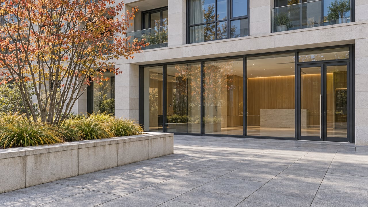 Modern building entrance beside a stone planter with an orange-leaved tree.