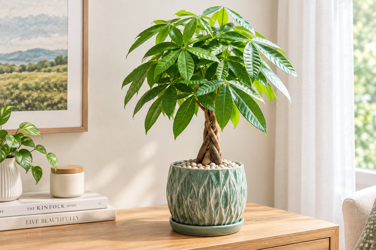 Braided money tree in a green ceramic pot on a wooden console beside decor books and a sunlit window.