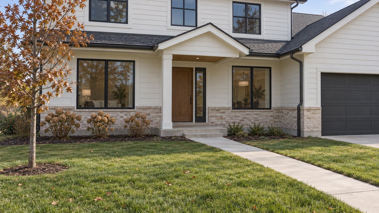Recent two-story home with pale siding, buff brick, black-framed windows and a concrete walk across a deep autumn lawn.