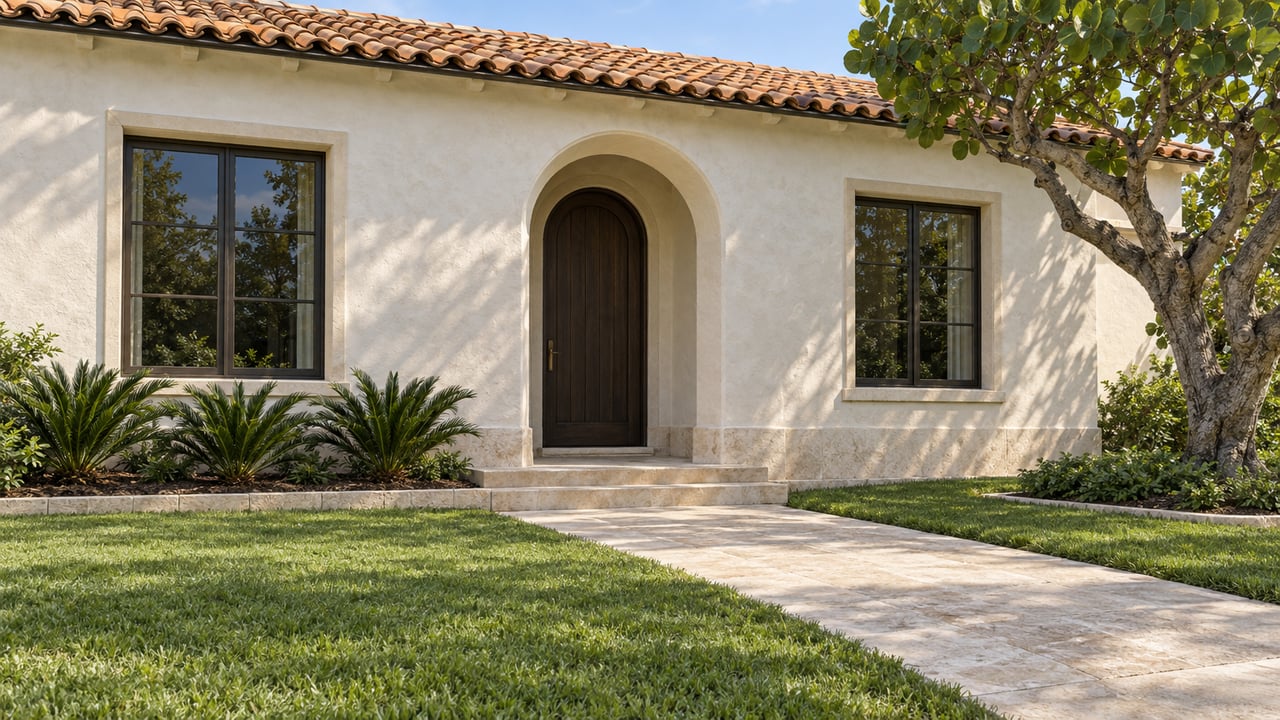 Ivory stucco home with a clay tile roof, recessed arched timber entrance, limestone walk and established tropical planting.