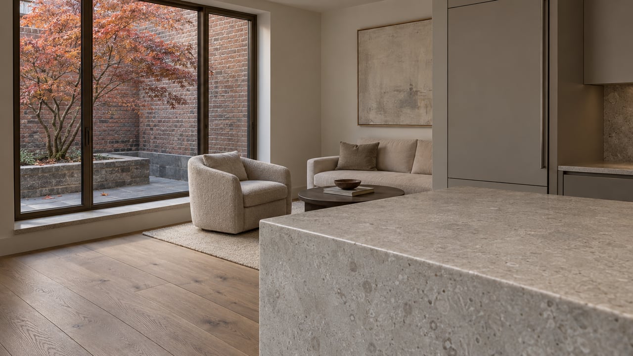 Honed limestone kitchen peninsula in a renovated apartment, with an oak floor, wool armchair and bronze-framed window overlooking an autumn maple against brick.