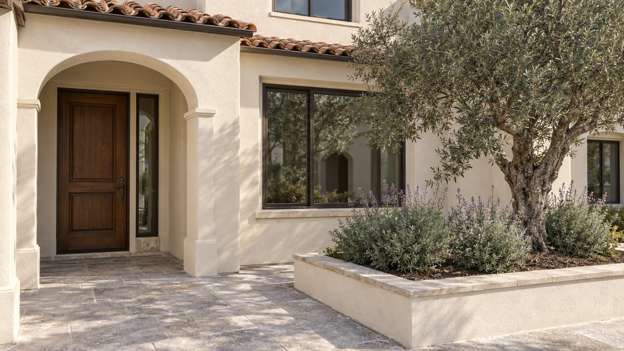 Cream stucco attached-home entry with an arched walnut door, terracotta roof tiles, limestone terrace and a sculptural olive tree in a raised planting bed.