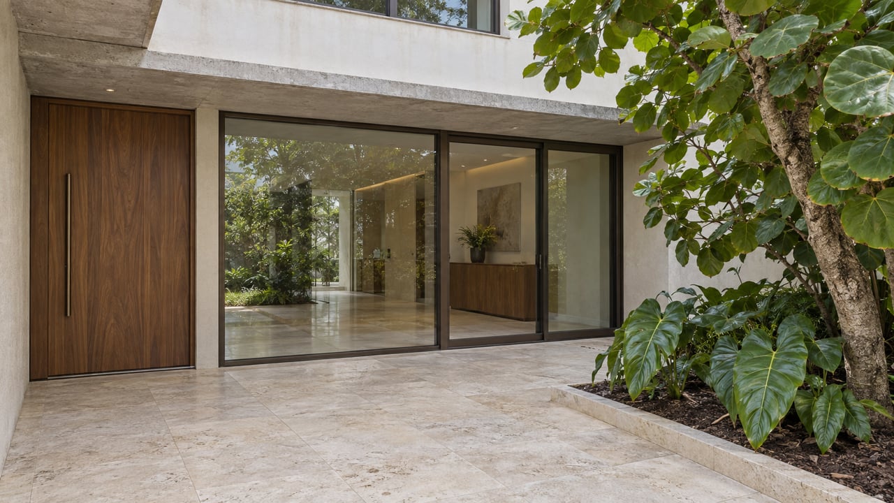 Covered limestone entry court of a contemporary home with walnut door, bronze-framed glazing and a broad-leaved specimen tree.