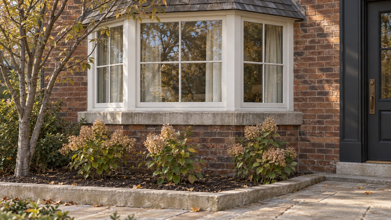 Red-brick bay window with white mullions, a weathered shingle hood, and hydrangeas below.