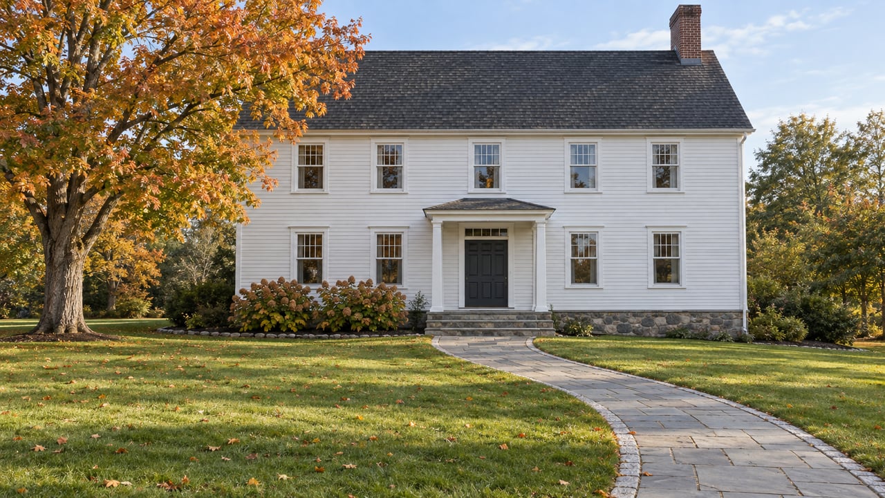 White clapboard house with dark roof, stone entry steps, a broad lawn, and a copper-orange sugar maple.