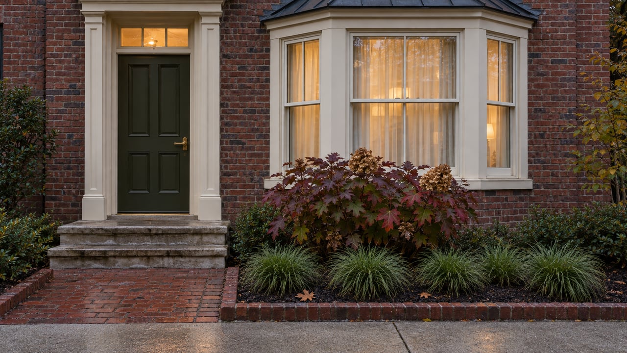Brick townhome entrance and cream-framed bay windows at blue hour, with worn limestone steps and autumn oakleaf hydrangea.