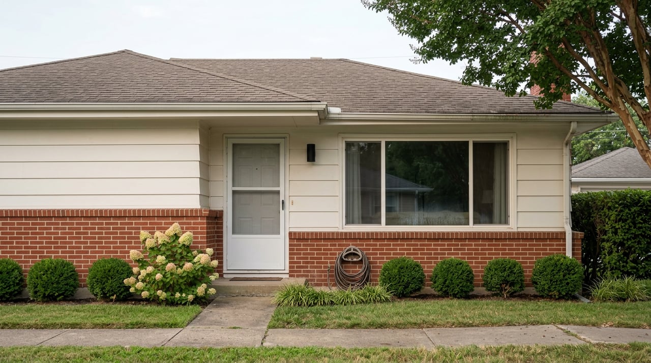 Single-story house with red brick, warm-white siding, a covered stoop, clipped boxwoods, and a flowering hydrangea.