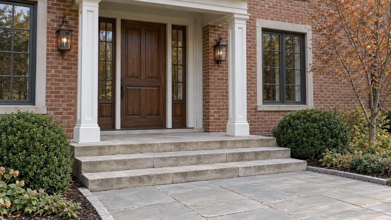 Brick house entry with a walnut door, white portico, limestone steps, and clipped shrubs.