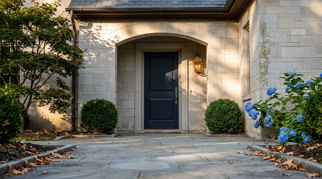 Arched limestone entry with a dark blue door, brass lantern, clipped boxwoods, and blue hydrangeas.