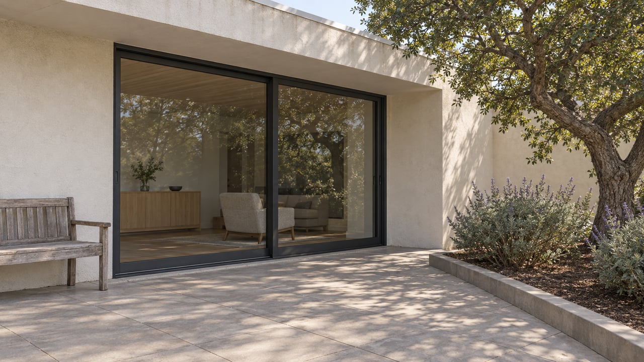 Contemporary stucco home's glazed living-room doors open visually onto a paved terrace with a weathered teak bench and a mature live oak beside a raised garden edge.