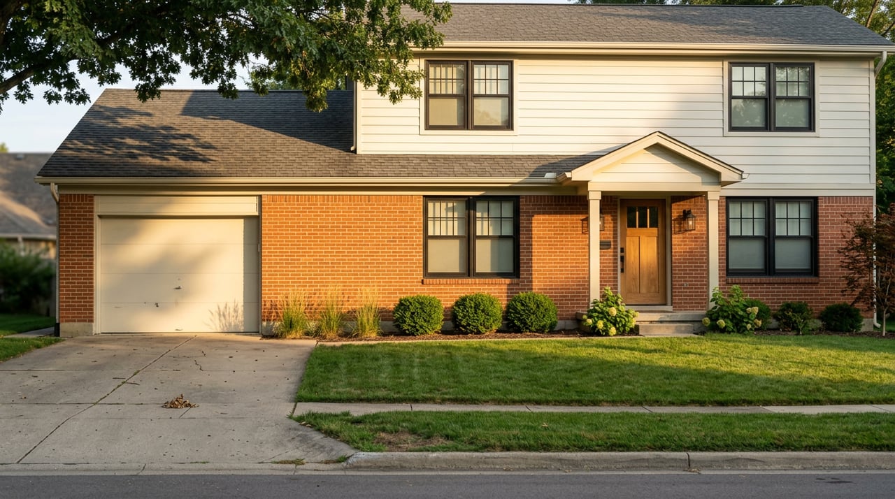 Two-story suburban home with a brick base, white siding, black-trim windows, and mature trees over a deep lawn.
