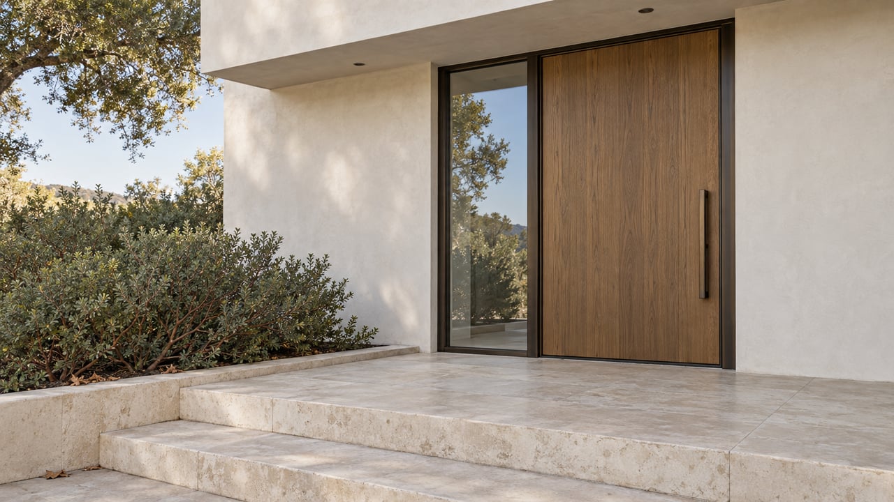 Tall oak entrance door beside a narrow glazed panel, limestone steps, and a leafy planting bed.
