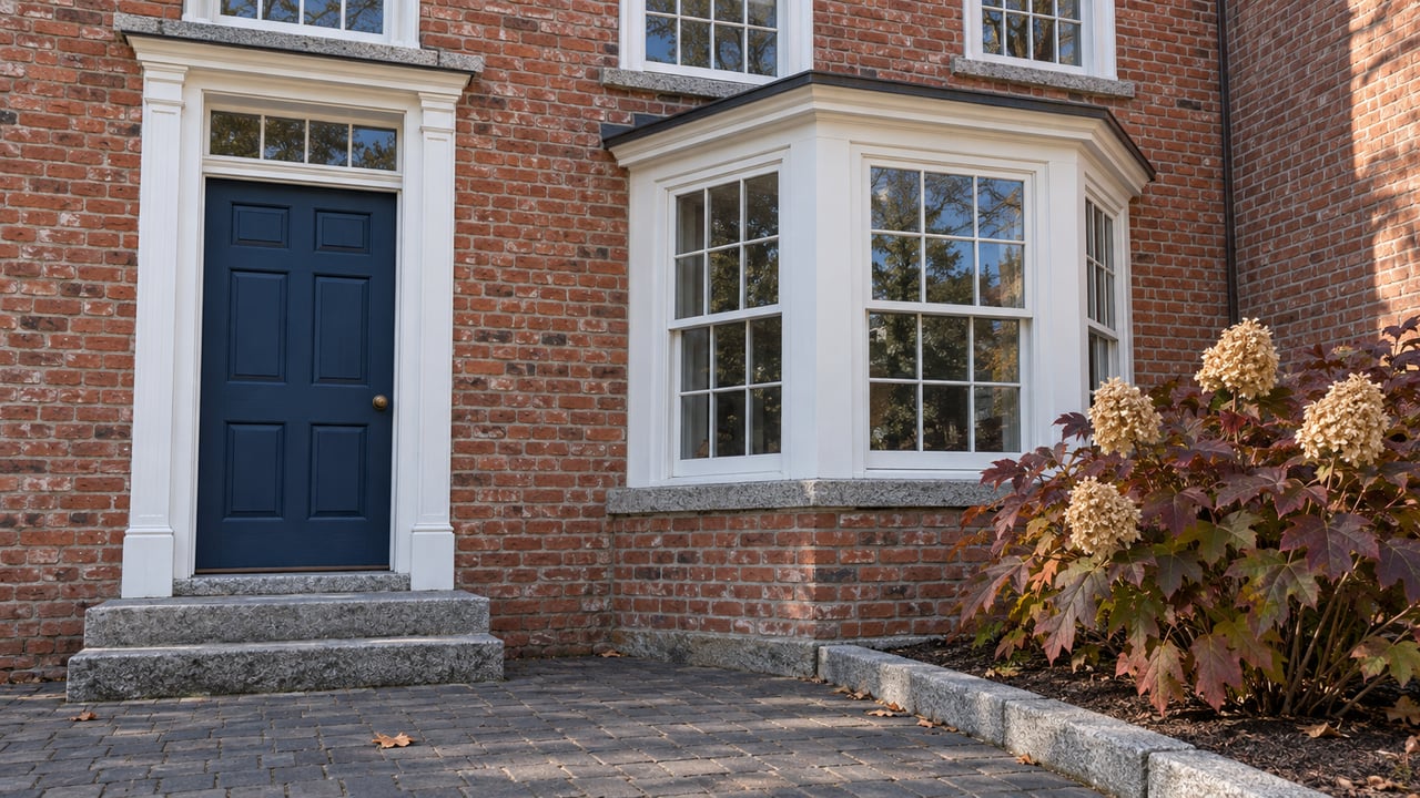 Brick home entrance with a blue door, granite steps, white sash-window bay and an oakleaf hydrangea beside a paved forecourt.