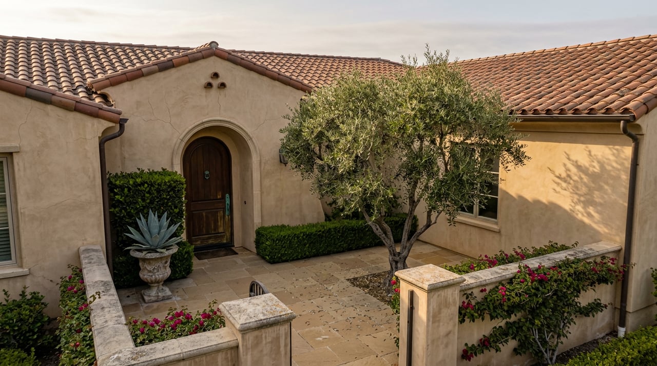 Mediterranean home with a red tile roof and arched entry, framed by an olive tree and magenta bougainvillea.