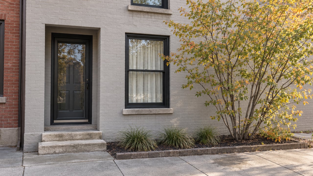 Townhouse entry with a charcoal door, limestone steps, and a young multi-stem tree in a narrow planting bed.