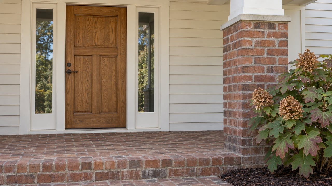 Oak front door with matching glazed sidelights on a white-sided home, beside a brick porch pier and an oak-leaf hydrangea.