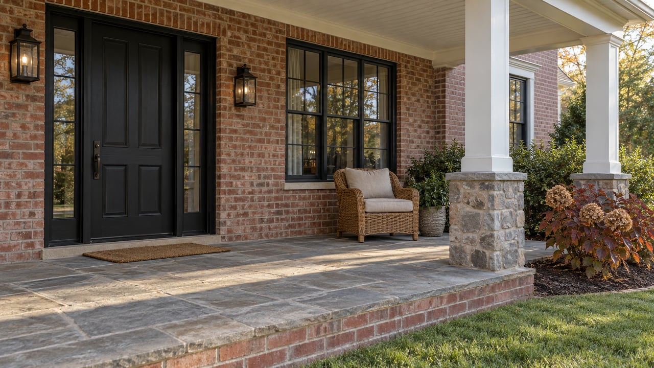 Morning light across a flagstone porch with a red-brick facade, black entry door and sidelights, a woven chair, and autumn oakleaf hydrangea.