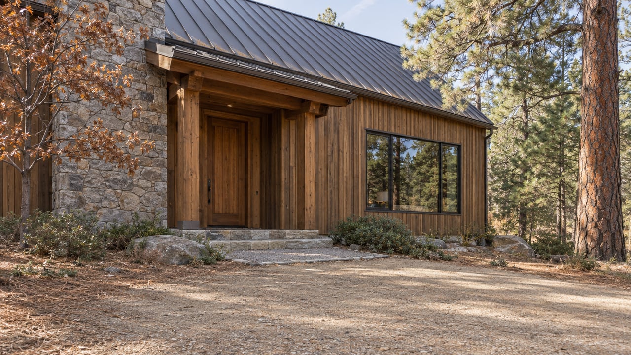 Wooded retreat with weathered cedar siding, stone chimney, timber entry, and ponderosa pine.