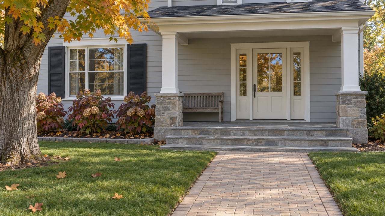 Pale-gray clapboard home with a broad limestone porch, brick approach, oak bench and autumn maple beside an established lawn.