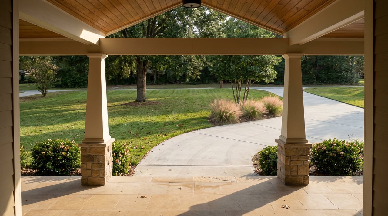 Covered stone porch with painted columns overlooking a lawn and curving driveway beneath dense tree canopy.