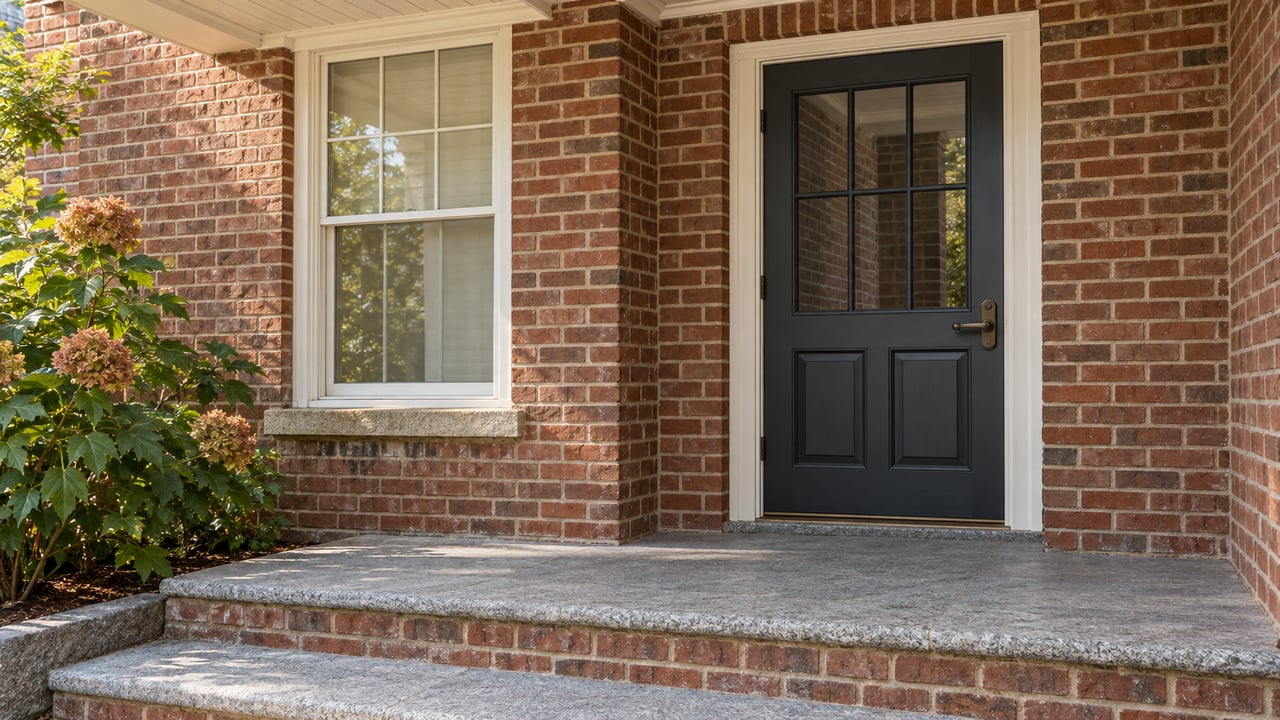 Morning light on a brick home's covered entry, charcoal glazed door, white-trimmed window, granite steps, and oakleaf hydrangea.