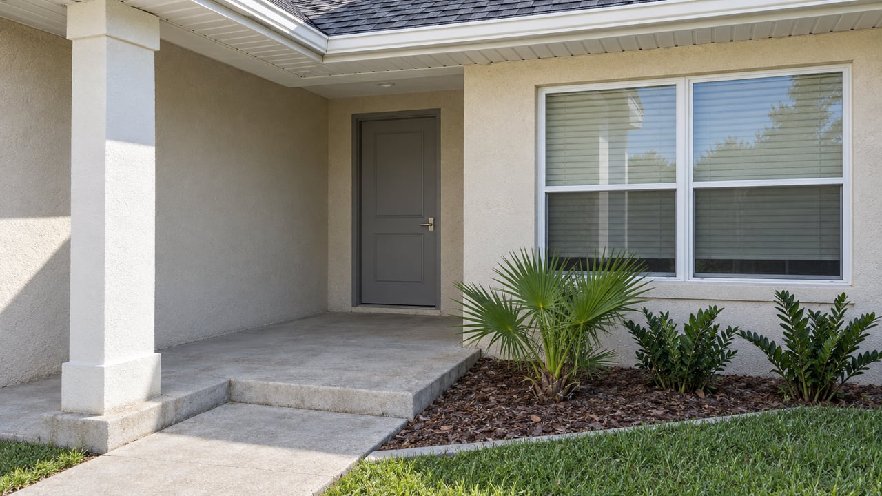 Covered entry of a single-story beige stucco home with a gray door, white-framed window, concrete walk and small planted bed.