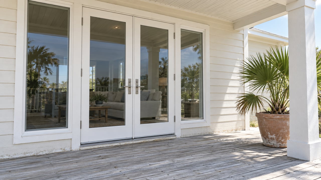 Covered porch with ivory siding, closed glazed French doors, weathered wood decking and a potted dwarf palmetto.