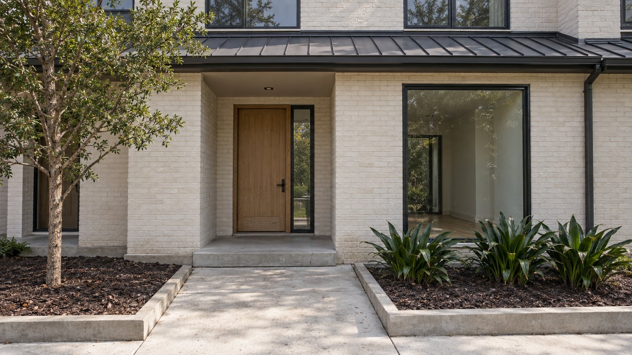 Ivory brick townhome entry with an oak door, black-framed windows, and a neatly edged concrete approach.