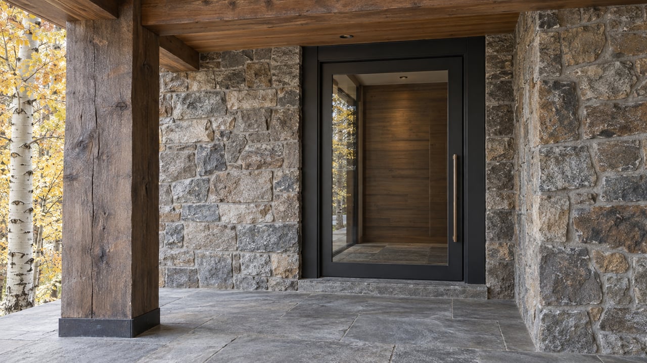 Sheltered timber porch with a stone wall, closed glass entry door and golden aspen foliage at the edge of the frame.