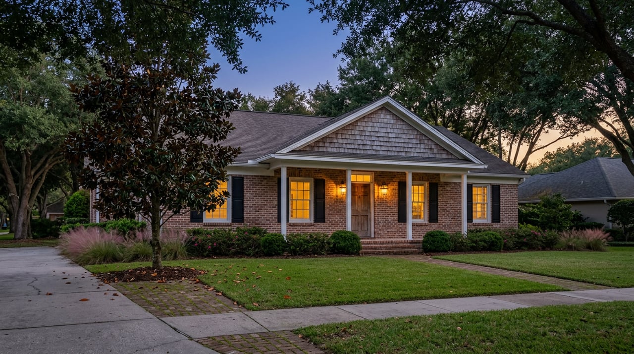 Brick home glows through warm windows and porch lanterns, framed by magnolia against a dusk sky.