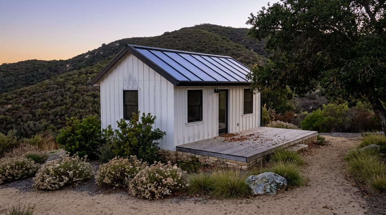 A white cabin with a glass roof and stone base sits beneath an oak on a chaparral hillside at dusk.
