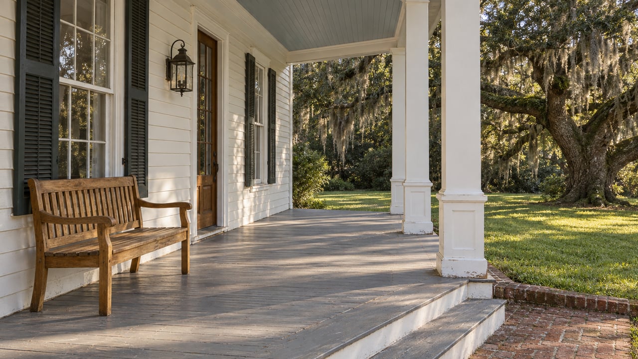 A white clapboard home's shaded porch with a wooden bench, worn gray floorboards and brick steps beside a live oak draped in Spanish moss.