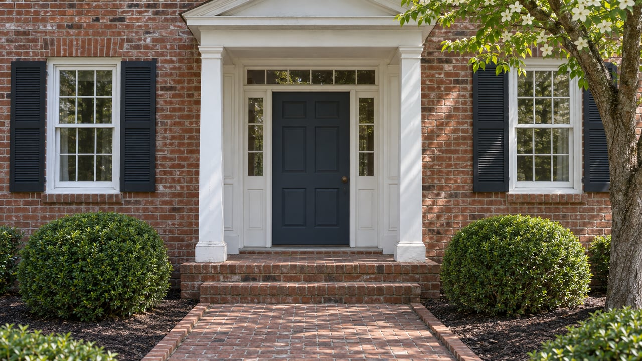 Brick house entry with a blue-gray door, white pediment, clipped boxwoods, and a dogwood at right.