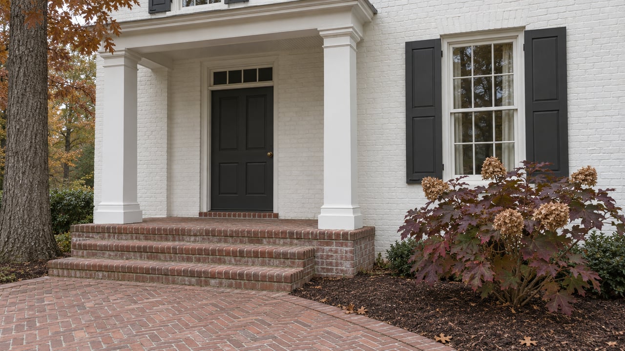 White-painted brick home with a charcoal entry door, weathered brick steps and bronze oakleaf hydrangea foliage.