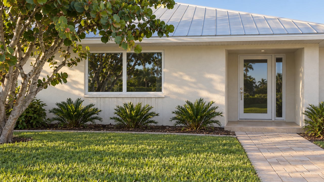 Ivory stucco home with a pale metal roof, recessed glass entry and shell-colored walkway across a sunlit lawn.