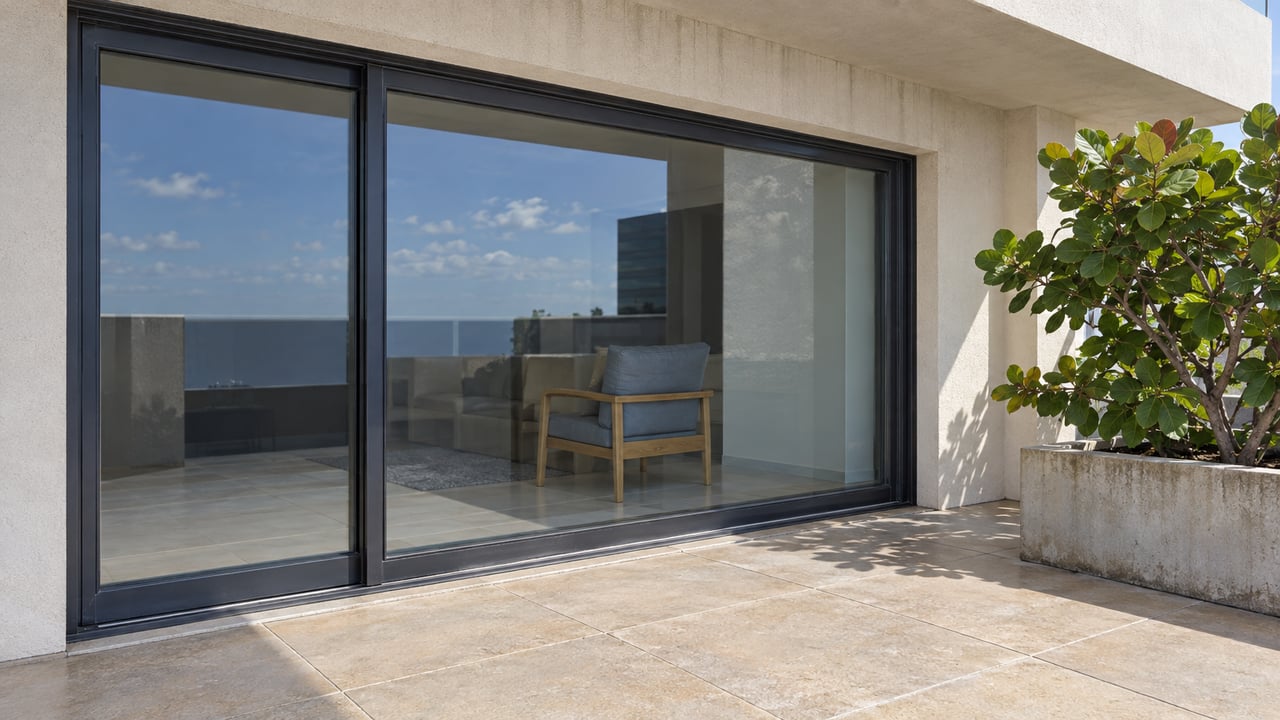 Sunlit condominium terrace with ivory stucco, closed charcoal-framed glass doors, sand-colored paving and a sea grape in a concrete planter.