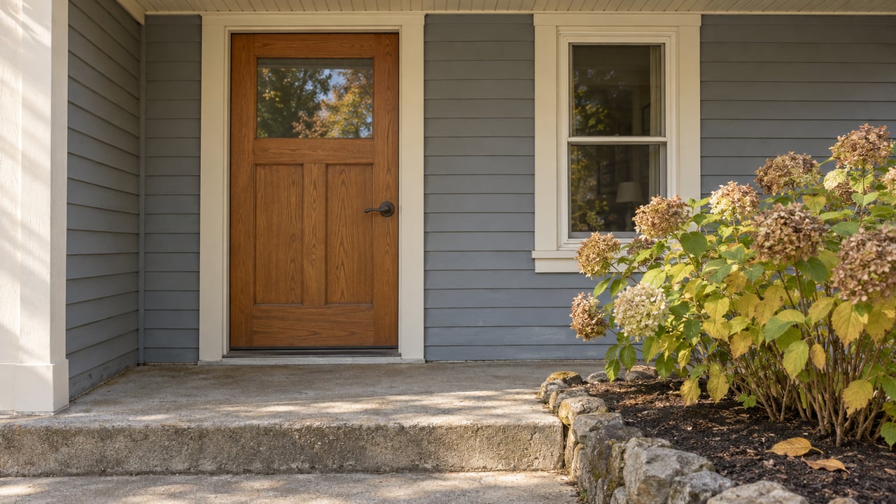 A gray-blue clapboard house entry with an oak glazed door, concrete porch step and tawny hydrangea blooms in autumn light.