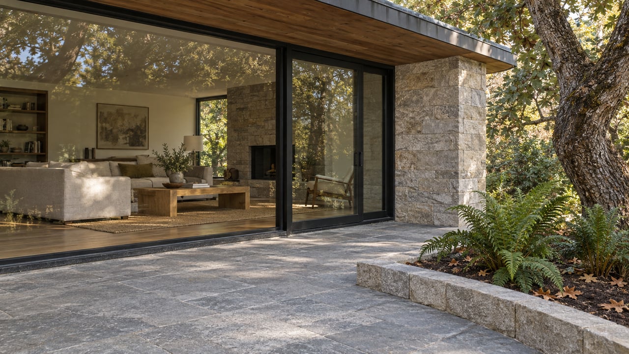 A stone terrace beside black-framed living-room glazing, with weathered cedar, limestone and a mature oak.