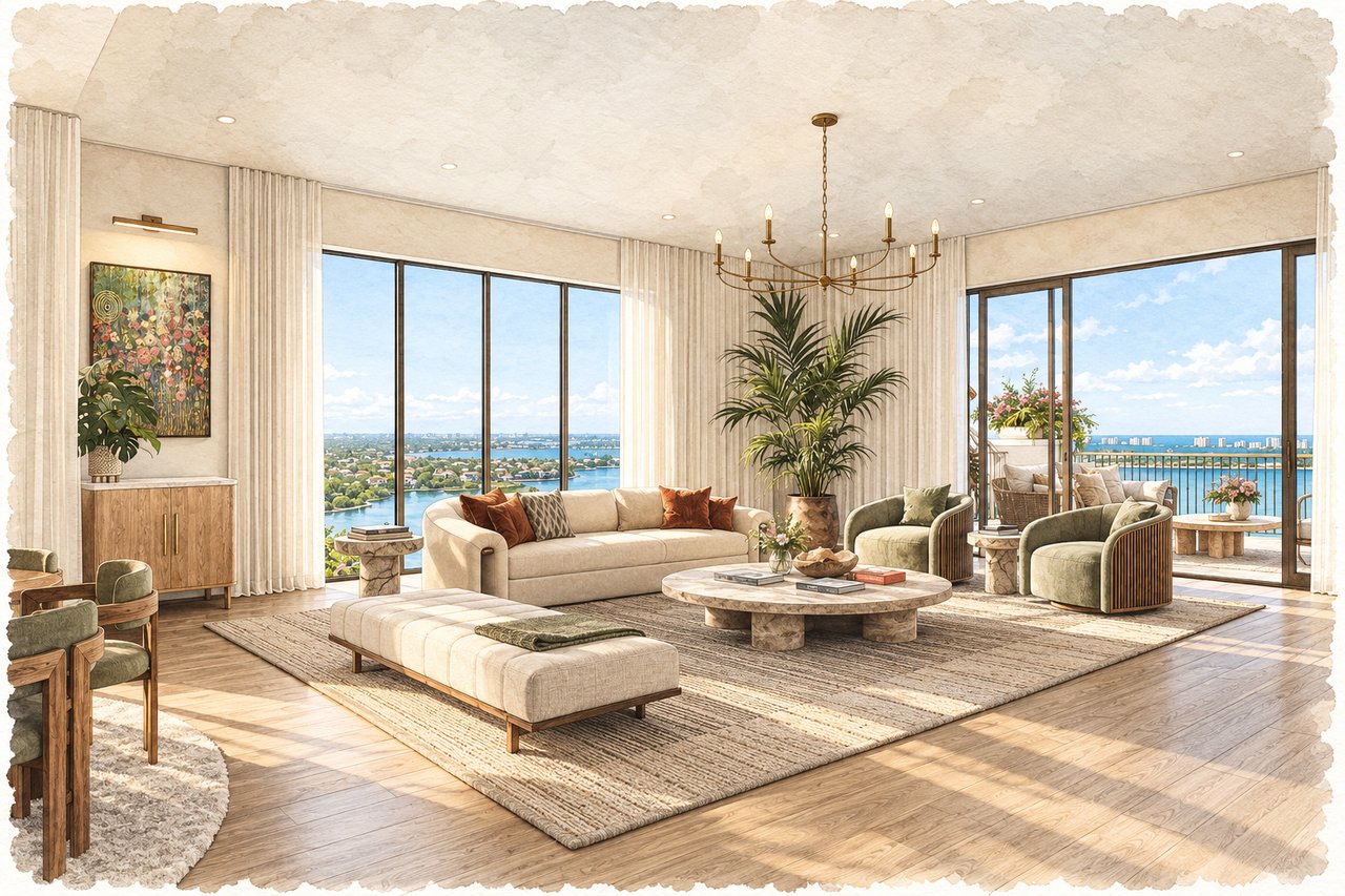Mira Mar Residences living room with a chandelier, cream furnishings, and water views through floor-to-ceiling windows.