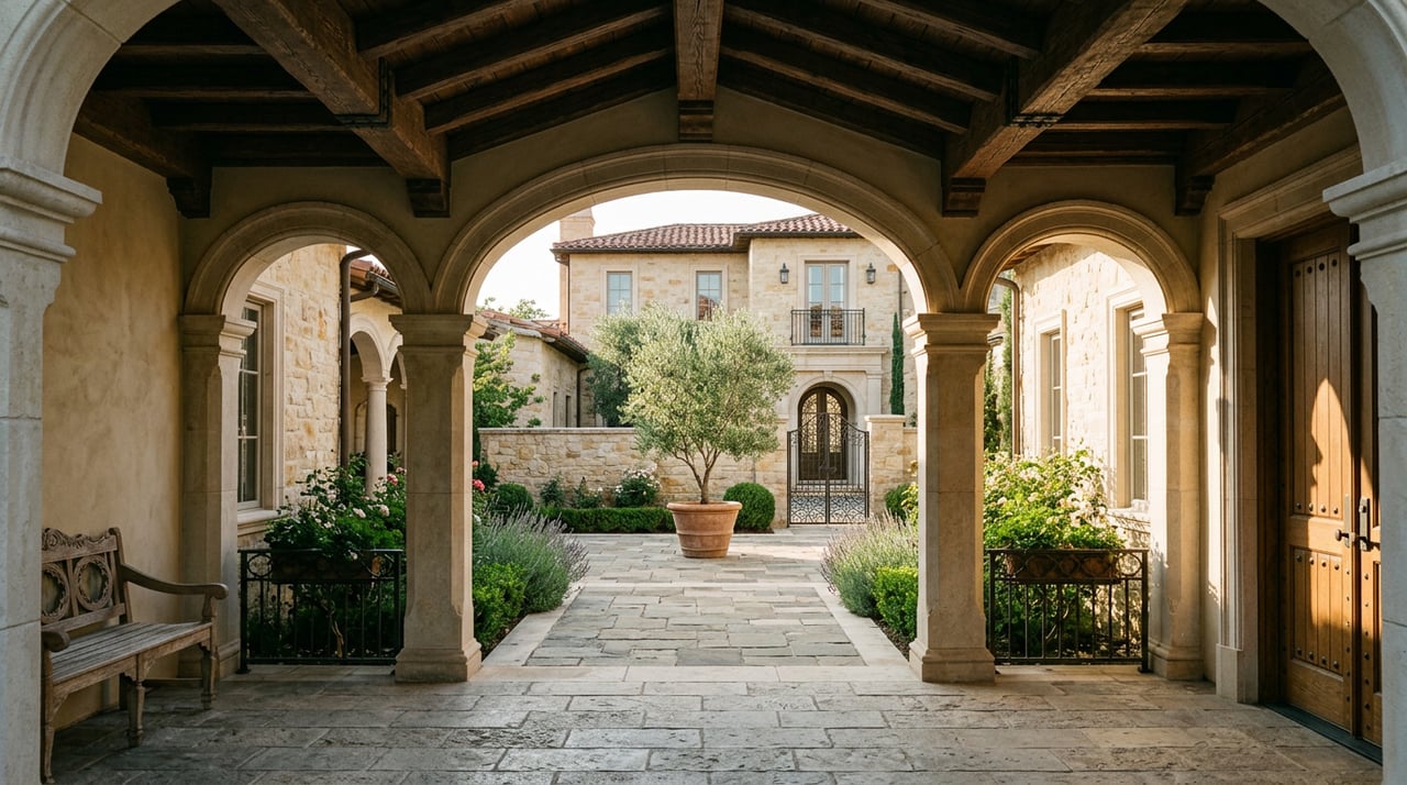 Limestone loggia opens onto a stone courtyard shaded by a large live oak.