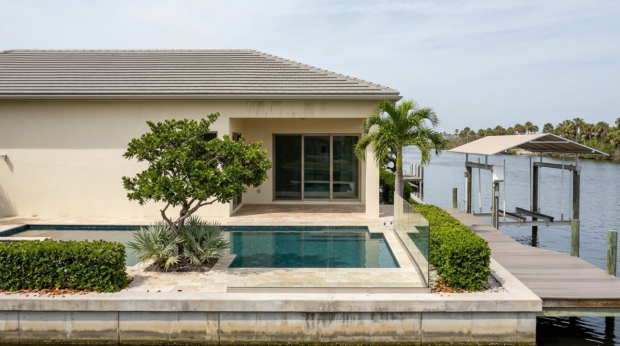 Waterfront home with a teal pool, glass railing, dock, and empty boat lift beside a canal.