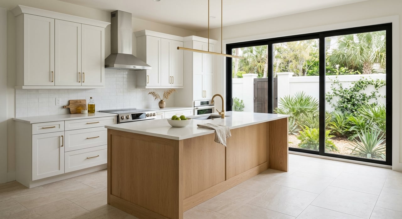 White oak kitchen island with quartz edge and sink overlooks palms and coastal plants through a large window.